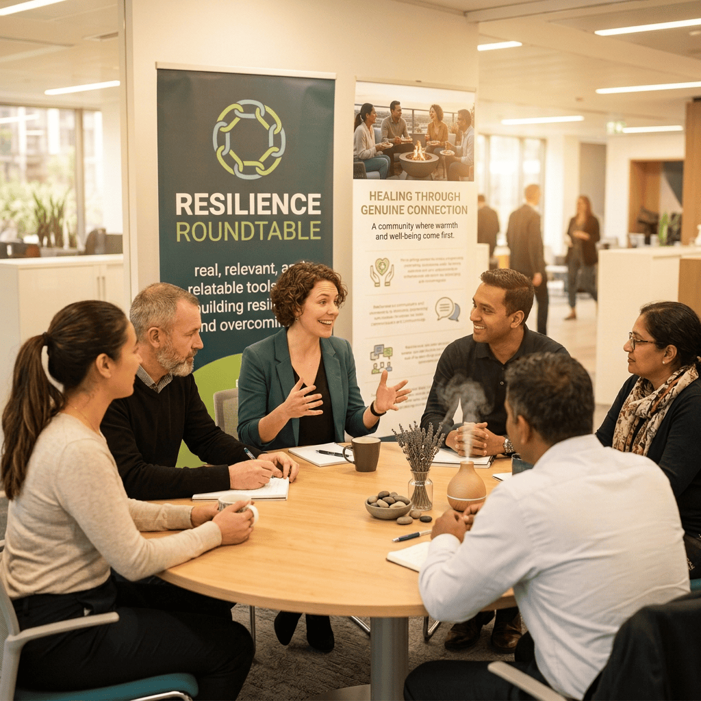 Six colleagues discuss resilience around a conference table